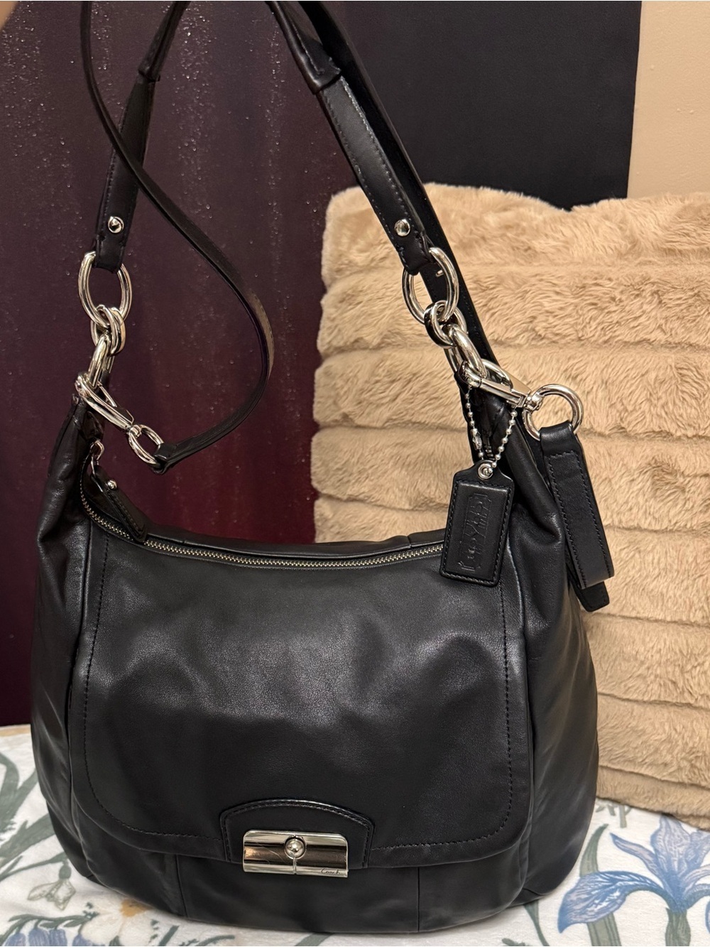 Coach Large Kristin Black Buttery Soft Leather Flap Hobo Crossbody Bag flip lock